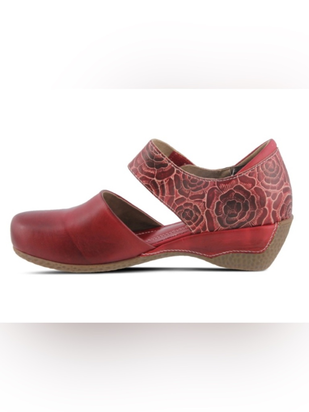 Spring Step L’Artiste Gloss-Pansy Red Floral Leather Wedge Sandal